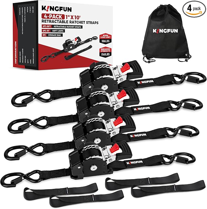 Retractable Ratchet Straps 4 Pack, 1" x 10' Self Retracting Tie Down Straps | Heavy Duty Ratchet Straps with 1760lb Break Strength, Auto Retractable Tie Down Straps for ATV, UTV, Motorcycle, Trailer