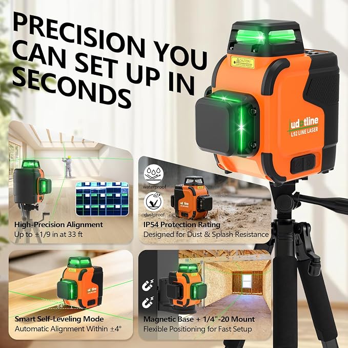 3x360° Lasers Level 2 Second Self Leveling with Tripod– Pro Grade | 12-line 3x360° green laser level with tripod, 4000mAh rechargeable battery, self-leveling, slope mode & durable housing.