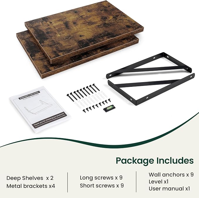 Floating Shelves 12 Inch Deep, 16W x 12D Wall Shelf Set of 2, 35 lbs Heavy Duty Reversible Metal Brackets, Industrial Book Shelf for Living Room Kitchen Bath Bedroom Coffee Bar, Rustic Brown