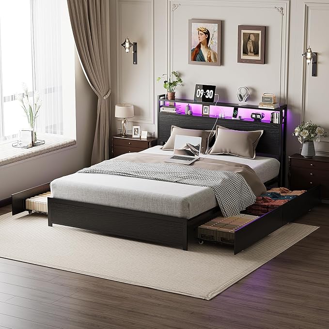 VINGLI Full Bed Frame with 4 Storage Drawers and Adjustable Headboard Shelf, Metal Double Platform Captain Bed with Charging Station and RGB LED Lights, No Box Spring Needed, Noise Free, Black