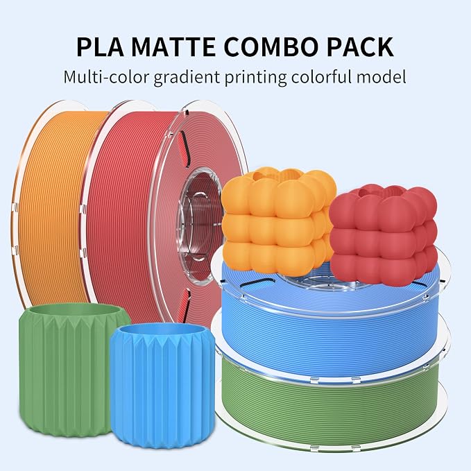 RAMBERY Matte PLA 3D Printer Filament Bundle 4KG, Matte Smooth Finish PLA Filament 1.75mm, Individually Vacuum Packed, 1kg(2.2lb) X4PCS, Red/Orange/Matcha Green/Blue