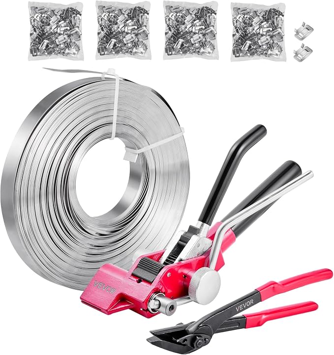 VEVOR Steel Banding Strapping Kit, Heavy Duty Banding Sealer Tool with 400 ft Binding Straps, 400 Metal Clasps, Manual Pallet Packaging Strapping Kit for Warehouse, Transportation, Industrial Bundling