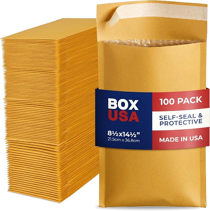 BOX USA 8 1/2 x 14 1/2" Kraft Bubble Mailers (100-Pack) - Brown Padded Envelopes, Self-Seal Shipping Bags for Business, Heavy Duty Cushioned Mailing Envelopes for Packaging and Shipping