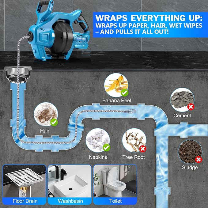 Cordless Drain Auger Compatible with Makita 18V Battery, 25Ft Snake Drain Hair Removal Tool for 0.75"-3.5" Pipe, 650RPM Drain Clog Cleaner Tool for Sewer, Bathroom, Sink (Battery Not Included)