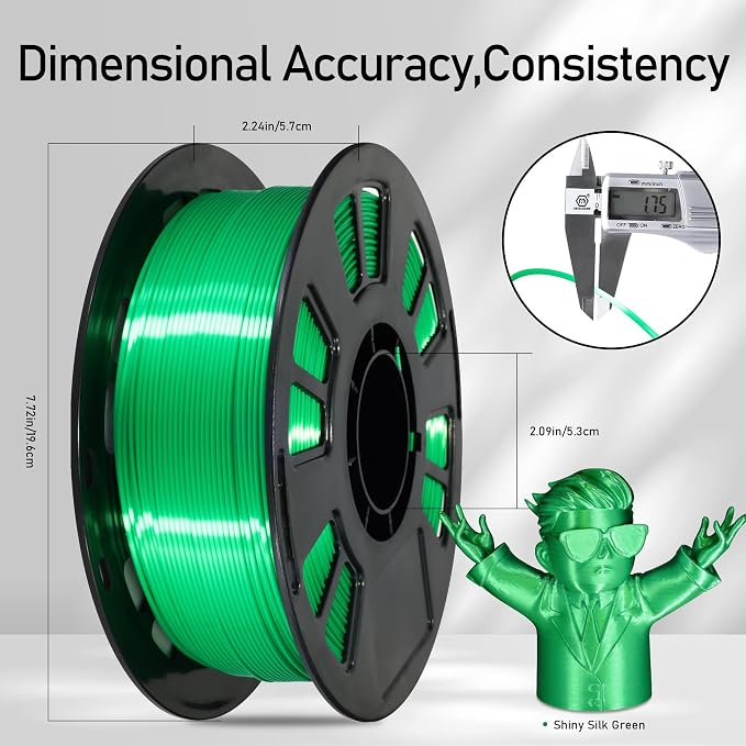 Silk Green PLA Satin Shiny 3D Printer Filament, 1.75mm Diameter 1kg Spool 2.2lbs for FDM 3D Printers