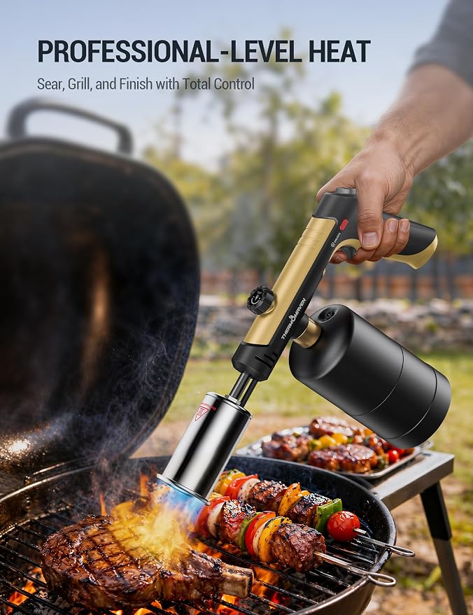 ThermoMaven Propane Torch with One-Touch Max Fire, Cooking Blow Torch Gun with a Safety Lock, Charcoal Lighter, Flame Thrower, Kitchen Food Torch Head for Grill, Sous Vide, BBQ, Gold