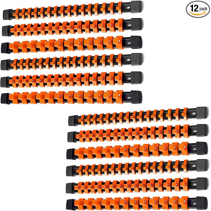 ALOANES 12PC Socket Organizer, Socket Rails Fit 1/2", 1/4" and 3/8" Drive | Heavy Duty ABS Socket Holders Hold up 172 Sockets for Mechanics Toolbox Drawer Bags(Orange)