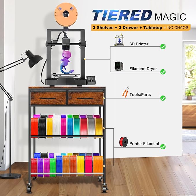 3D Printer Filament Storage Rack with Drawers, 3Tier Metal Filament Spool Holder with Wheels, 3D Printer Filament Stand for PLA/ABS/TPU/Nylon, Filaments Organzied for Workshop Studio Office, Brown