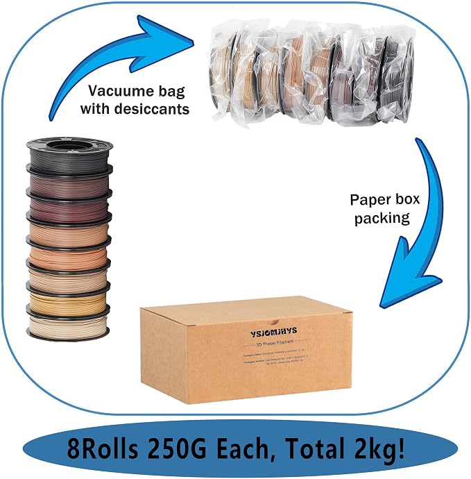 Wood PLA 3D Printer Filament Bundle 1.75mm, Over 30% Real Wood Fiber, 8 Pack 250g Mini Spools 2kg Total - Walnut, Ebony, Oak, Mahogany, Light Wood, Teak, Yellow Teak, Brown Teak