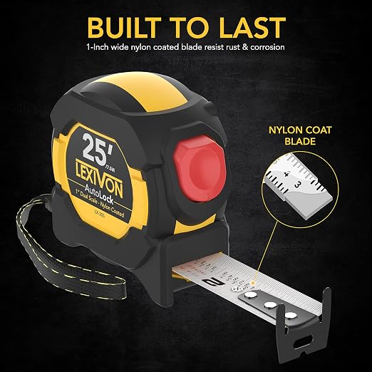 LEXIVON [2-Pack] 25Ft/7.5m AutoLock Tape Measure | 1-Inch Wide Blade with Nylon Coating, Matte Finish White & Yellow Dual Sided Rule Print | Ft/Inch/Fractions/Metric (LX-205X2)