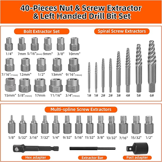 40 Pcs Screw Extractor Set, 2-in-1 Hex Head Multi-Spline Lug Nut Remover, 3/8 Inch Drive Easy Out Bolt Extractor Set for Removing Stripped, Rounded, Damaged, Broken Studs Bolts Screws