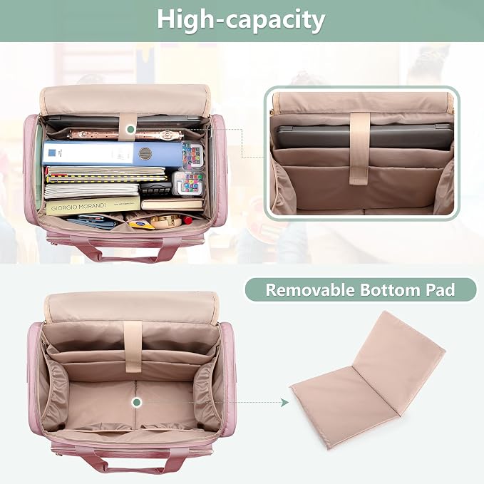 LUXJA Rolling Teacher Bag with Laptop Compartment and Detachable Dolly, Multifunctional Rolling Teacher Tote Bag (Patent Pending), Pink
