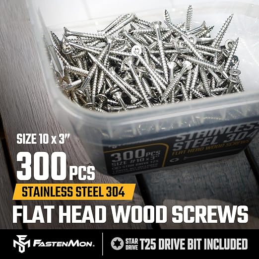304 Stainless Steel Deck Screws, #10 x 3, 300 PCS | Torx Flat Head Type 17 Point with T25 Bit, Ideal for Outdoor Wood Projects, Fences, Benches, Picnic Tables, Decks, Bulk Box