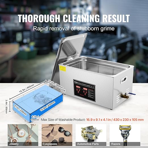 VEVOR Ultrasonic Cleaning with Digital Timer & Heater, Professional Ultra Sonic Jewelry Cleaner, Stainless Steel Heated Cleaning Machine for Glasses Watch Rings Small Parts Circuit Board (22L)
