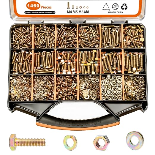 1460PCS Nuts and Bolts Assortment Kit - M4 M5 M6 M8 Grade 8.8 Bolts with Nuts & Washers - Heavy Duty Hex Head Bolts Assortment for Automotive Repair, Machinery, Furniture - Zinc Plated