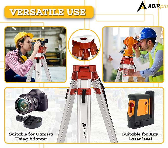AdirPro Laser Level Tripod - Universal Heavy Duty Survey & Transit Tripod - 5/8" x 11" Thread - Quick Clamp - Aluminum Construction for Lasers & Levels (Orange)