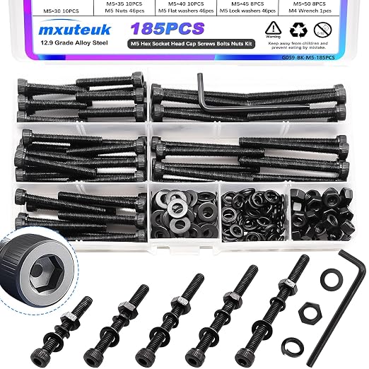 mxuteuk 185PCS M5 Screws Assortment Set, M5 Hex Socket Head Cap Screws Bolts Nuts Kit, 12.9 Grade Alloy Steel Bolts with Hex Wrench