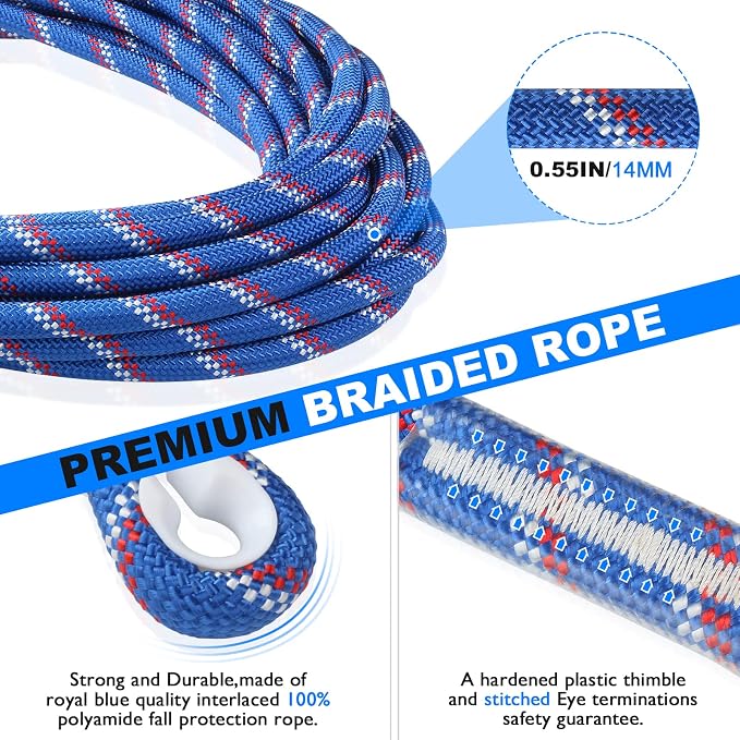 50FT Vertical Lifeline Assembly，Fall Protection Rope with Two Rope Grab Snap Hooks, Shock Absorber，Safety Climbing Equipment Roofing Safety Kit, CE ANSI
