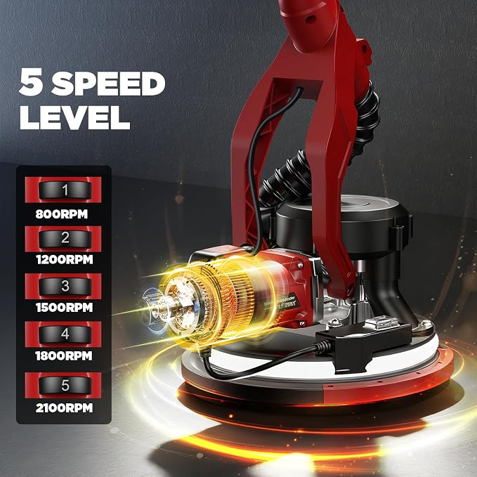 Drywall Sander with Vacuum Dust Collector, 1200W 5 Variable Speed 800-2100RPM Upgraded Popcorn Ceiling Removal Tool, Lijadora Para Drywall Popcorn Ceiling Remover with Extendable Handle