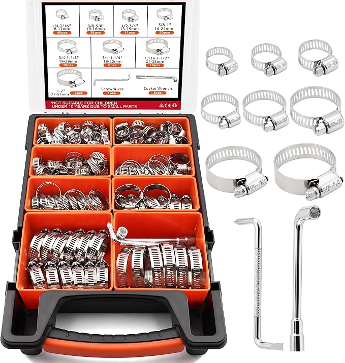 175-Piece 304 Stainless Steel Anti-Rust Hose Clamp Assortment Kit - (1/4"-2" | 6-51mm) Worm Gear Clamps with Socket Wrench & Organizer Box for Automotive, Fuel Line, Marine, Radiator, Plumbing