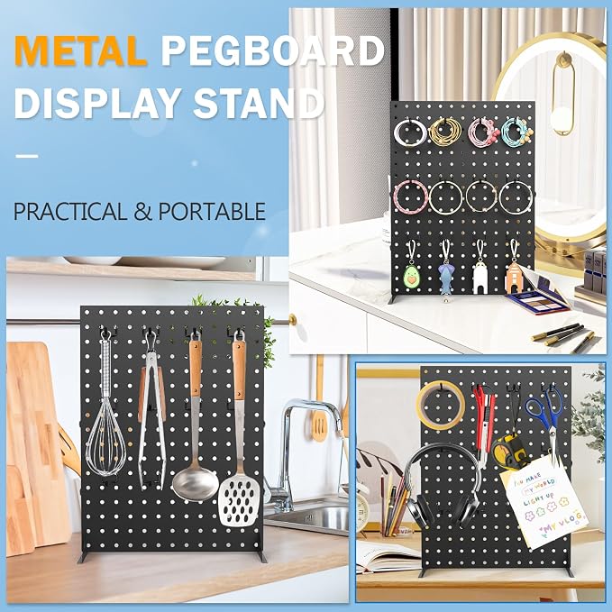 Peg Board Display Stand for Vendors, 2Pcs Black Pegboard Display Stand with 24 Hooks, Free Standing Pegboard Display, Tabletop Hanging Display Stand for Craft Shows, Keychain, Jewelry(16*12 inch)