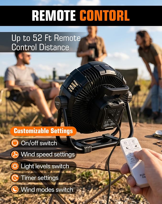 10" Plug-in Portable Camping Fan, Floor Fan with Stepless Speed, LED Light, Remote Control, 270° Rotation & 1-12h Timer for Indoor Bedroom Office & Outdoor Camping, Tent, RV