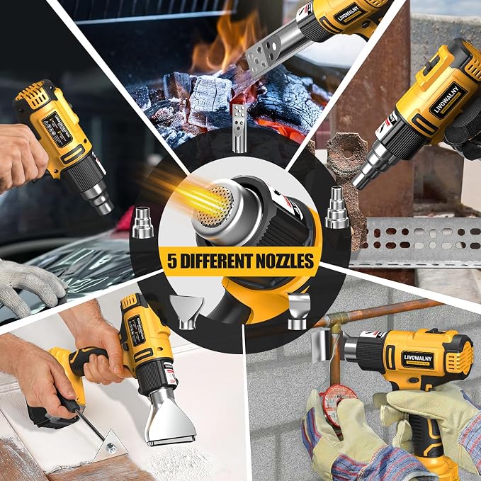 LIVOWALNY Cordless Heat Gun Compatible with Dewalt 20v Battery (Tool Only), 350W Fast Heating Soldering Hot Air Gun 122℉-1022℉ Variable Temperature Control with 5 Nozzles for DIY Craft, Shrink Tubing