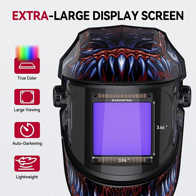ARCCAPTAIN 3.94"X3.66" Welding Helmet Auto Darkening, 1/1/1/1 Top Optical Clarity Large Viewing Screen Solar Power Welding Hood with 4 Arc Sensor, Wide Shade 4-5/5-9/9-13 for TIG MIG ARC Welding CUT