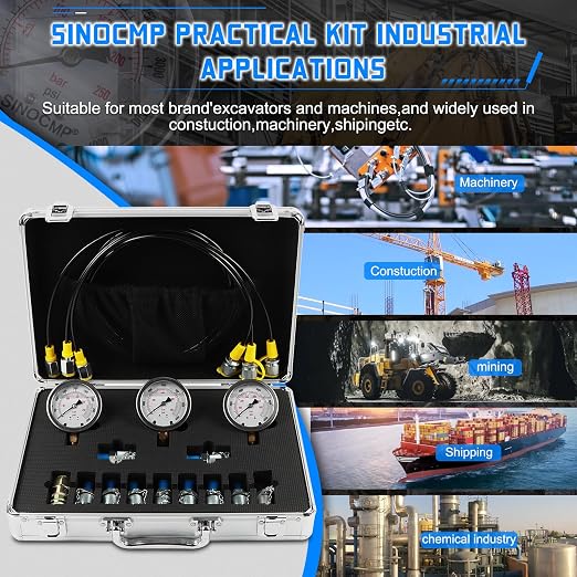 Hydraulic Pressure Gauge Test Kit Tractor Hydraulic Tester Set with 3 Gauges(25/40/60Mpa) 3 Hoses(64.5in) 11 Quick Connectors for Excavator Construction Machinery(Silver)