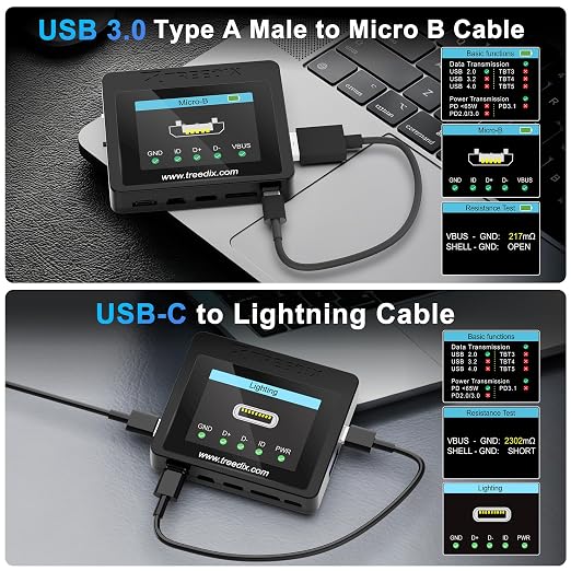 Treedix USB Cable Tester with 2.4" Color Screen for eMarker Reading, PD 3.0/3.1 Detection, Resistor and Continuity Check, Compatible with Lightning, Type-C, Micro-B 2.0/3.0, and Mini-B Cables