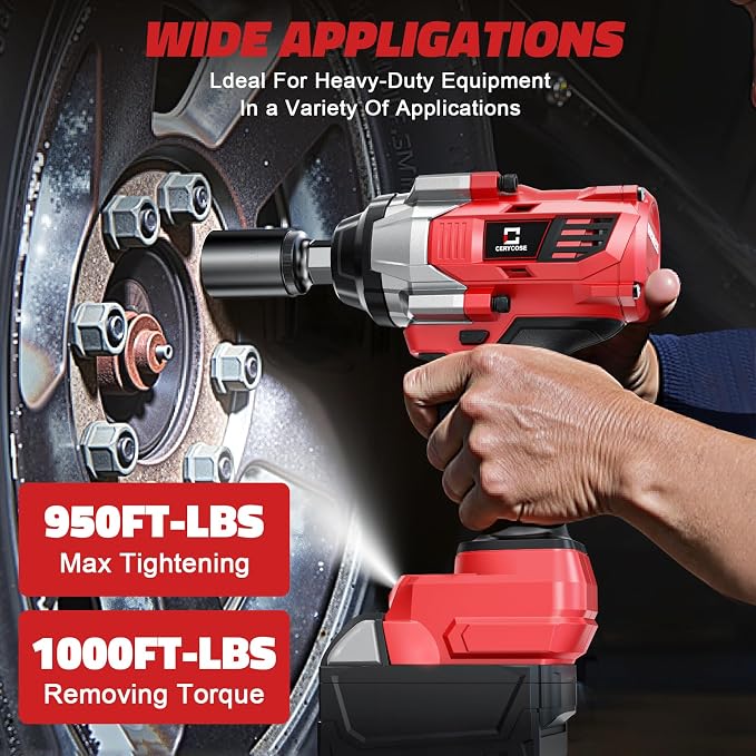 Cerycose 1000 FT-LBS Cordless Impact Wrench 1/2" Compatible with Milwaukee 18V Battery – with 6 Sockets and Toolbox, Brushless Electric Impact Gun, Includes LED Work Light – High Torque Driver