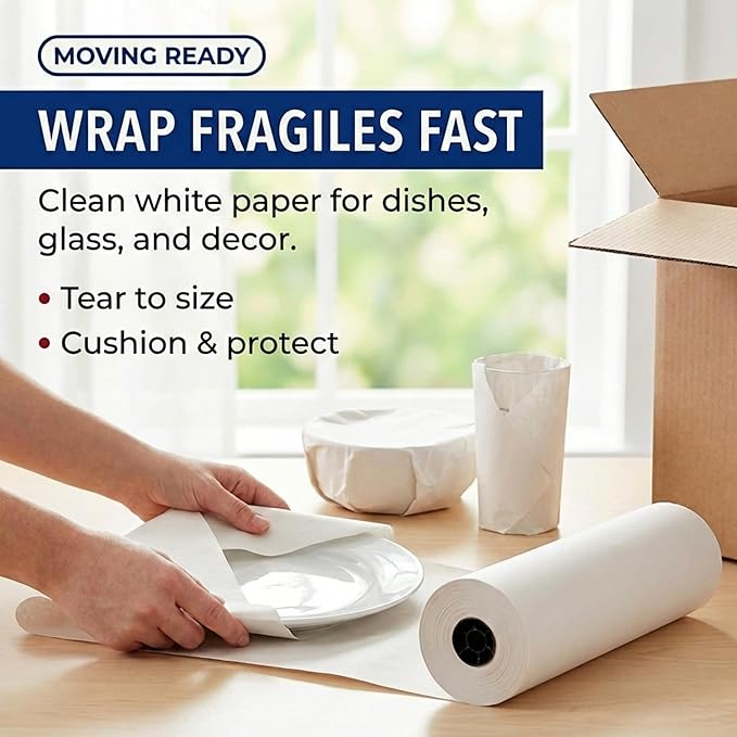 BOX USA Packing Paper Roll 1440'L x 20"W - 1,000 Sheets 17” Long Equivalent - Large White Newsprint for Shipping, Packaging, Storage and Moving Supplies