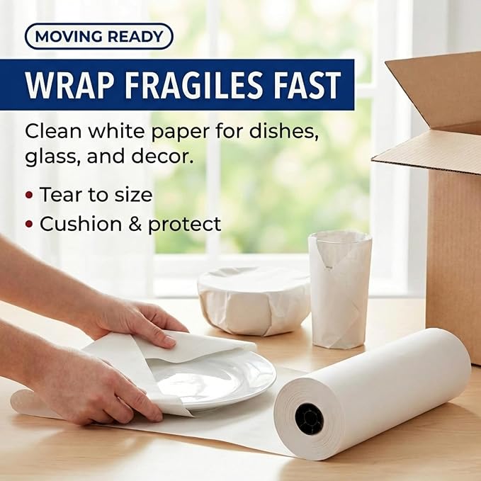 Box USA Packing Paper Roll 18" x 1400ft (1,000 Sheets 17" Equivalent) - Newsprint Paper for Shipping, Storage and Moving Supplies, White