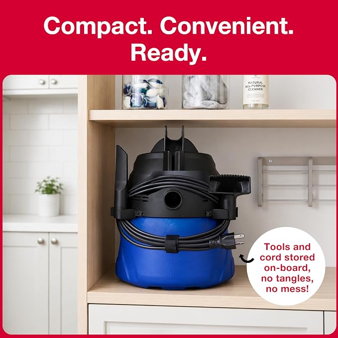 Koblenz Wet Dry Vacuum Cleaner, 3 Gallon 2.0 PHP, Twist-N-Lock Hose, Small Shop Vac, Portable Shop Vac for Home Car Garage Workshop, 10 ft Reach, Accessories Included, Blue/Black, WD-353L