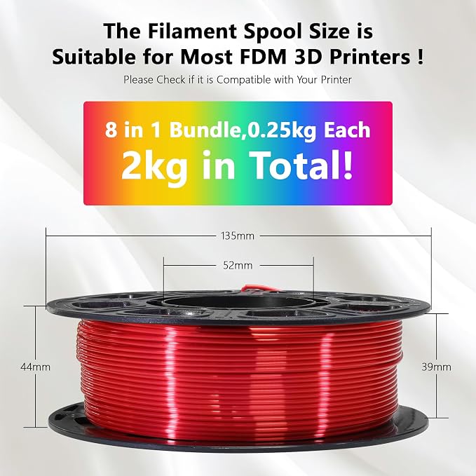 1.75mm Silk Shiny PLA 3D Printer Filament 8 Bright Colors Bundle: Silk Yellow/Lime Green/Orange/Sky Blue/Pink/Cyan/Red/Purple, Each Spool 250g, Total 2Kg 3D Printing Material, 250g x 8 Spools