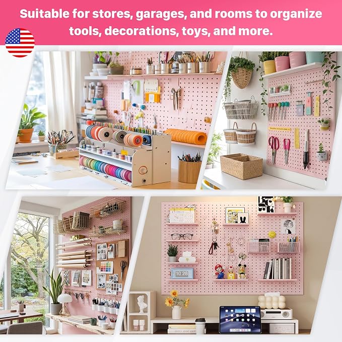 4 Pcs 24”×16”Metal Pegboard Panels, Heavy Duty Peg Boards with Hooks, Steel Organization Panels for Garden Tool Storage, Walls Home, Office, Pink