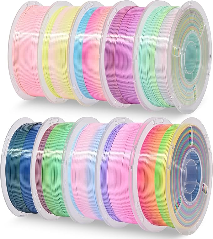 RAMBERY Silk Rainbow PLA 3D Printer Filament Bundle, 10 Colors Total 10kg, 1.75mm Multicolor Gradient 3D Printing Filament for Most FDM 3D Printers, 1KG Spool (2.2lbs) x 10 PCS