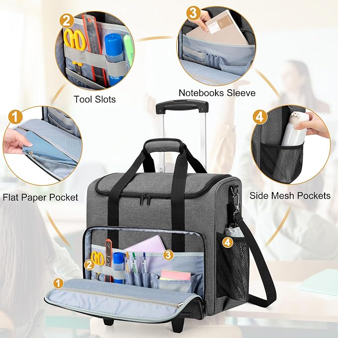 Trunab Rolling Teacher Bag, Teacher Tote Bag with Bottom Pad and Detachable Trolley, Wheeled Teacher Bag with Padded Sleeves Holds up to 15.6” Laptop