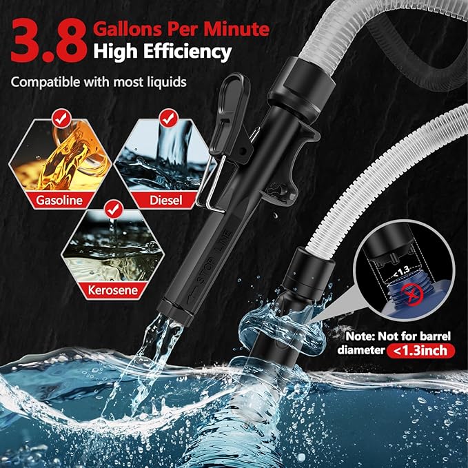 Automatic Electric Fuel Transfer Pump with Auto-Stop, 3.8GPM & 51" Hose & 4 Size Adapters Gas Can Pump with Leak Protection for Gasoline, Diesel, Kerosene, Gifts for Men Dad Him - 2nd Gen Pure Black