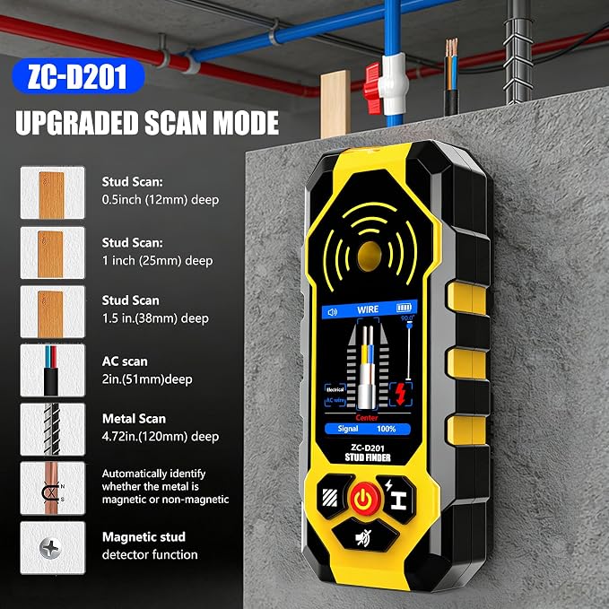 Stud Finder Wall Scanner 4 in1 Wall Stud Finder Multifunction Stud Detector Beam Finders for the Center Edge of Wood AC Wire Metal Studs Joist Pipe with HD LCD Display Smart Sensor Audio Alarm ZC-D201