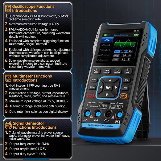 Handheld Digital Oscilloscope, 3 in 1 Oscilloscope, Multimeter and Generator, Channel 10MHZ Bandwidth, 2.8" LCD Screen, Voltage/Current Test