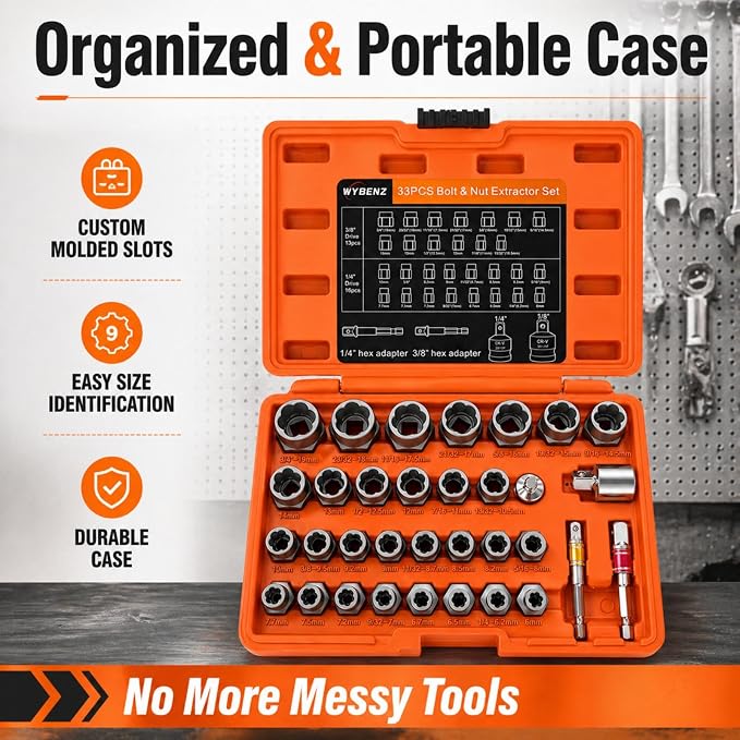 33 PCS Bolt Extractor Set, 3/8" & 1/4" Drive Impact Bolt & Lug Nut Remover Socket Tool Kit, Stripped Bolt Extractor Set, Screw Extractor For Broken,Damaged, Frozen, Studs, Rusted, Bolts, Nuts & Screws