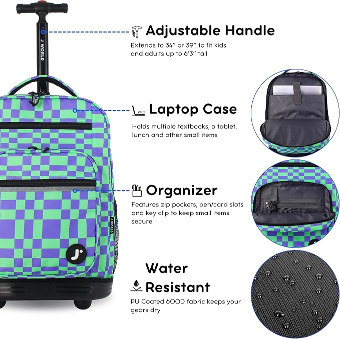 J World Sundance Laptop Rolling Backpack for Girls Boys. Roller Bookbag with Wheels, 20 Inch, Pixel Checkers