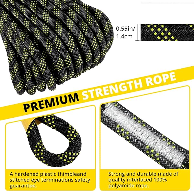 TRSMIMA Rope Harness Safety Lanyard：25/50/100/150ft Vertical Roofing Rope Grab Snap Hooks Shock Absorber Fall Protection Kit