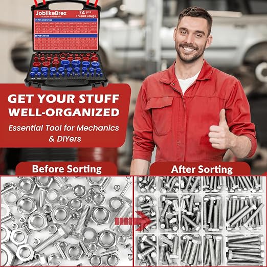 Thread Checker, 74pcs Nut and Bolt Thread Checker, 39 Inch & 35 Metric Box Set Thread Gauge, Thread Checker Standard and Metric Suitable for Size Checker of Bolts or Nuts in Narrow Areas