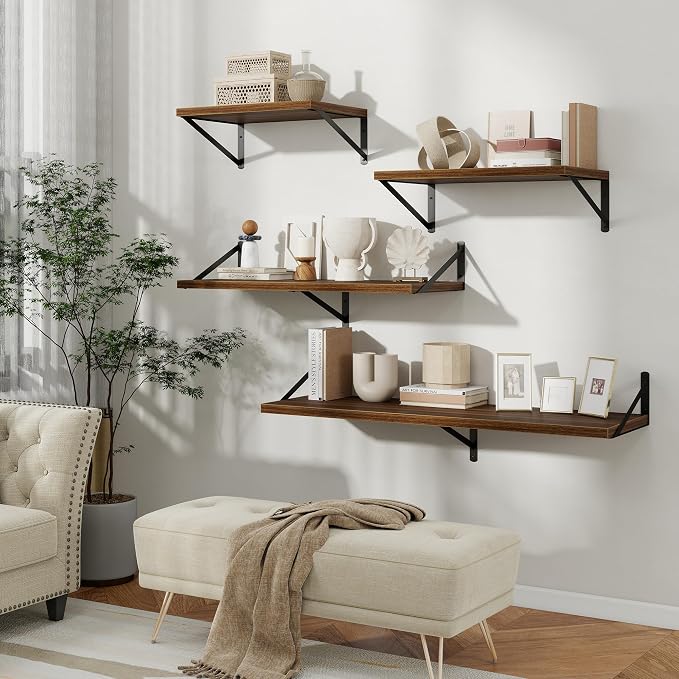 Floating Shelves 12 Inch Deep, 36W x 12D Wall Shelf Set of 2, 60 lbs Heavy Duty Reversible Metal Brackets, Deep Industrial Book Shelf for Living Room Kitchen Bath Bedroom Coffee Bar, Walnut