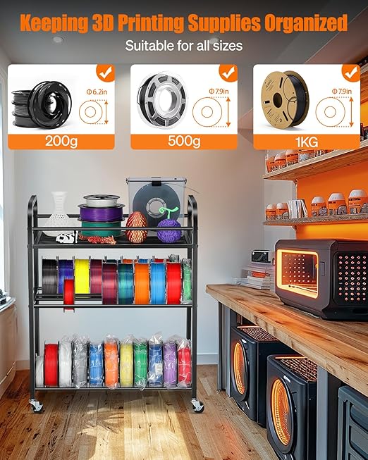 3D Printer Filament Storage Rack- Rolling Filament Spool Holders Racks with Wheels, Heavy Duty Metal Shelf for PLA/ABS/TPU/Nylon, Filaments Organzied for 3D Printing Studio, Office Workshop (Black)