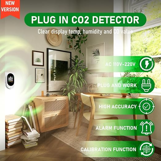 LSENLTY Upgraded CO2 Detector Plug in Wall Design,3 in 1 Air Quality Detector(Temp, Humidity and CO2 Value), High Accuracy Air Quality Monitor with Threshold Reminder and Manual Calibration for Home