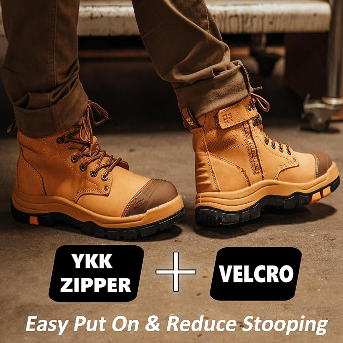 ROCKROOSTER Madison 6" Steel Toe Work Boots for Men with YKK Side Zipper Toe Cap Non-Slip Rubber Outsole, Comfortable Side Zip Lightweight Breathable Leather Shoes, Metal, ASTM F2413-18 M/I/C EH AK052