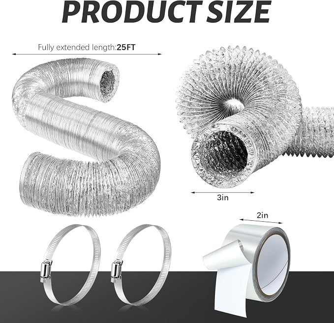 Zonon Dryer Vent Hose 3 Inch X 25 Feet Flexible Aluminum Foil Ducting Non Insulated with Stainless Steel Clamps and Aluminum Tape for Pipe, HVAC Heating Cooling Ventilation and Exhaust(Silver)
